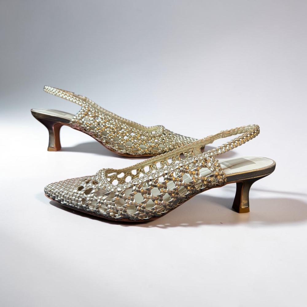 Dolce Vita Olympia Woven Metallic Gold Slingback Kitten Heels Pumps Size 8.5